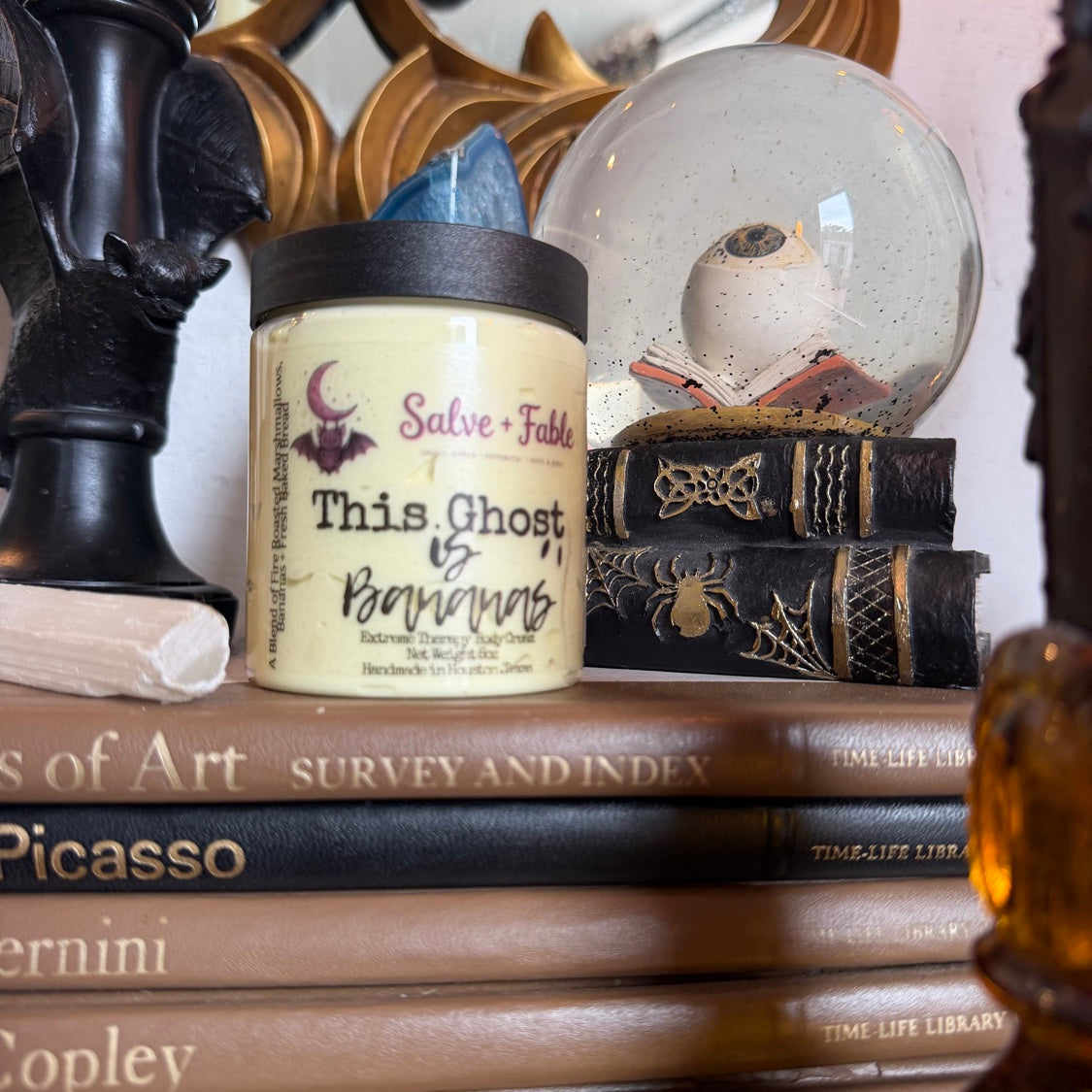 This Ghost Is Bananas cream jar, close view of the clear label over banana-yellow cream